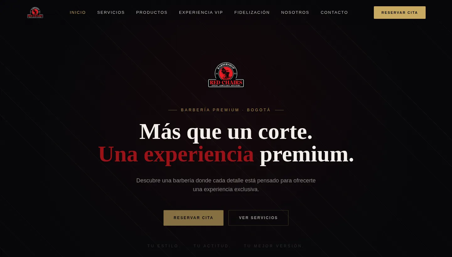 Homepage, in black and deep red with the shop's crest