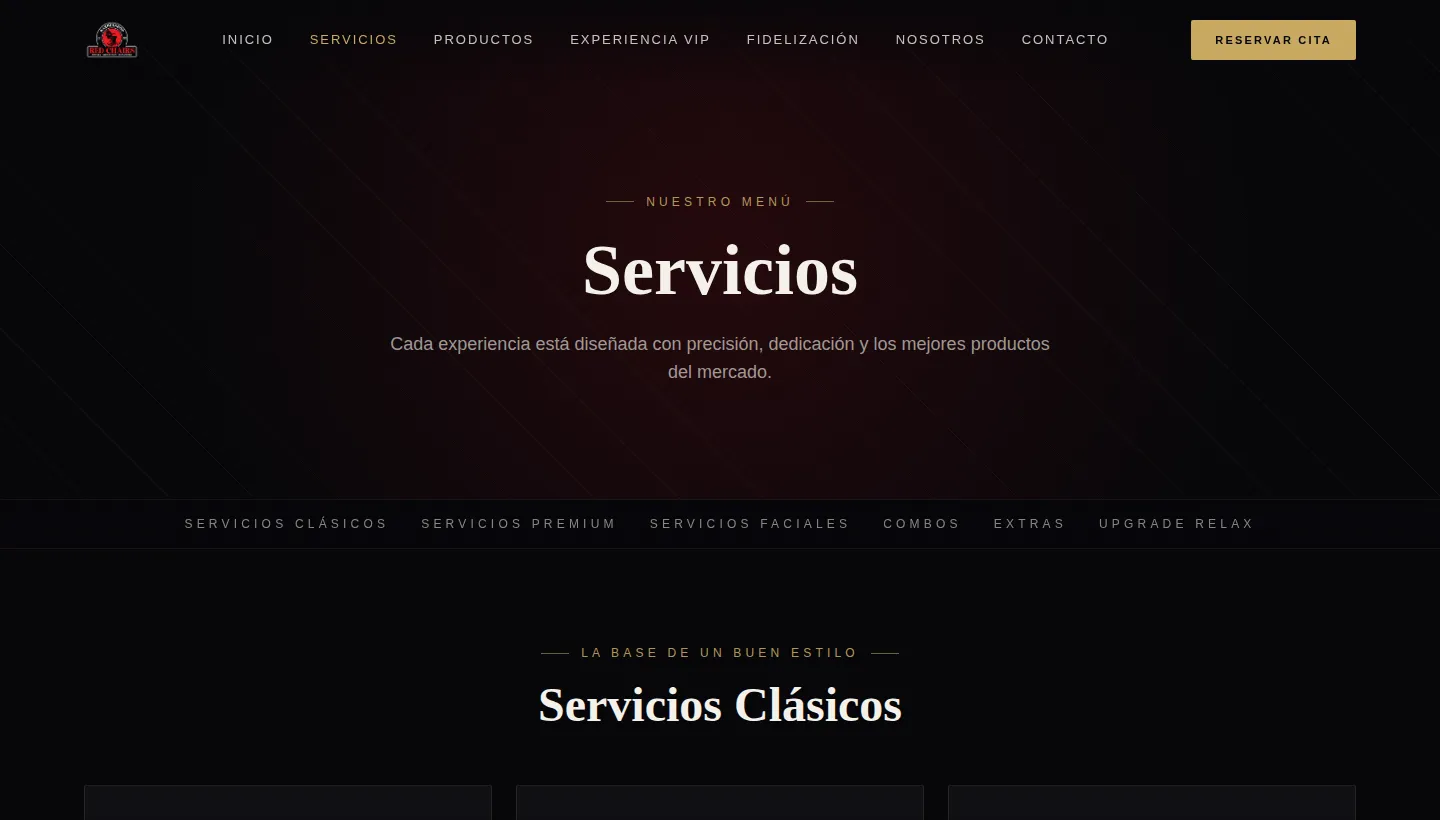 Service menu, grouped by category with prices