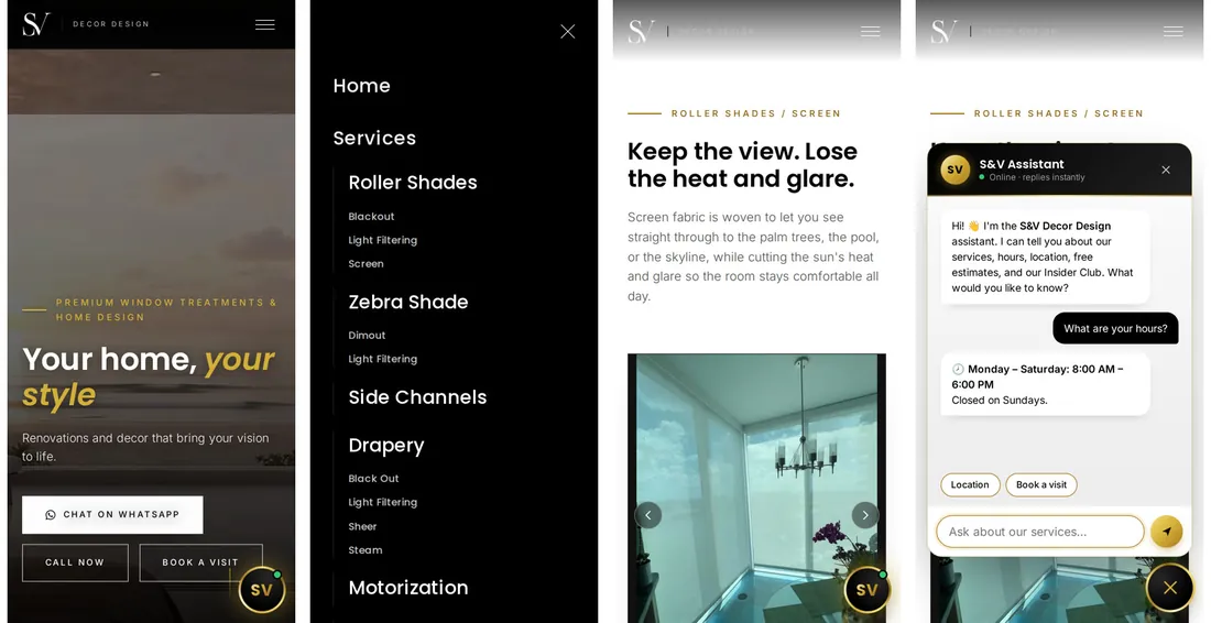 Mobile: home, menu, a service page and chat